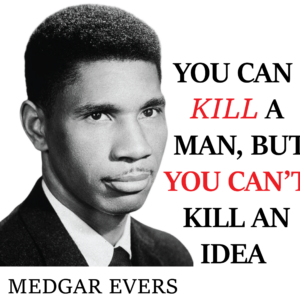 Black and white portrait with red text.