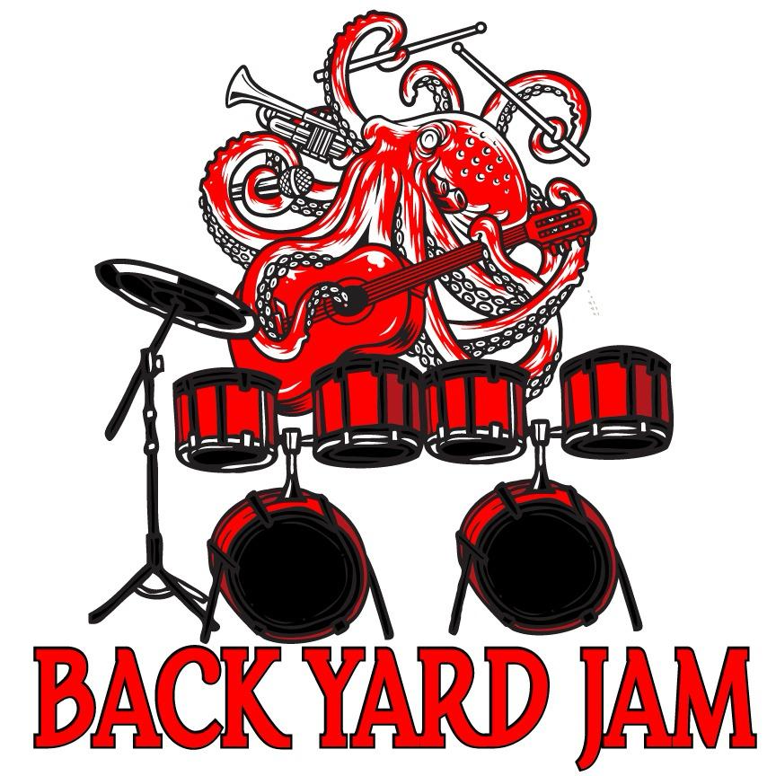 Octopus playing instruments behind drum set. Octopus playing instruments behind drum set.