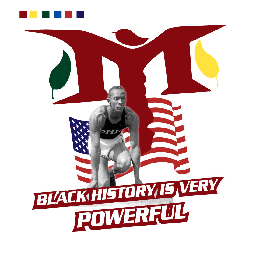 Athlete with flag, "Black History is Powerful. Athlete with flag, "Black History is Powerful.