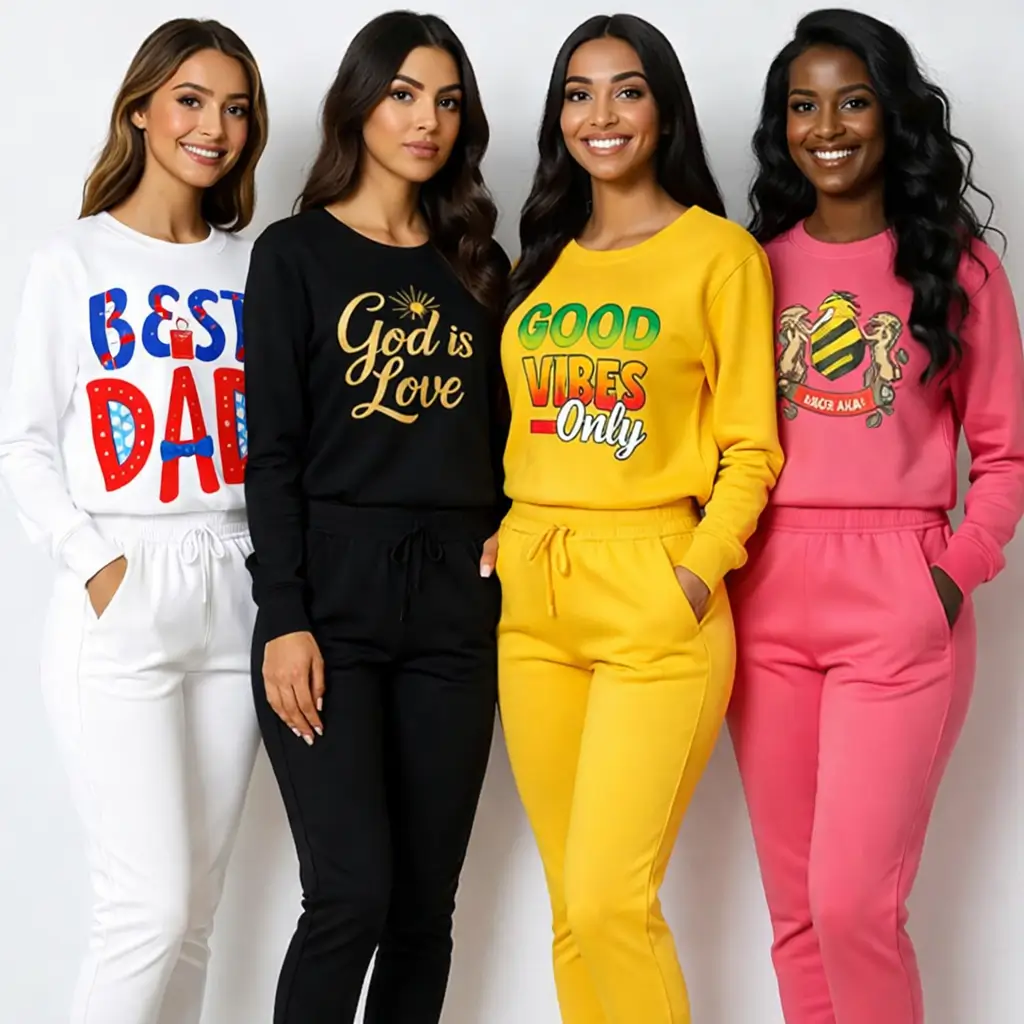 Four women wearing colorful message sweatshirts.