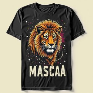 Black T-shirt with illustrated lion design.