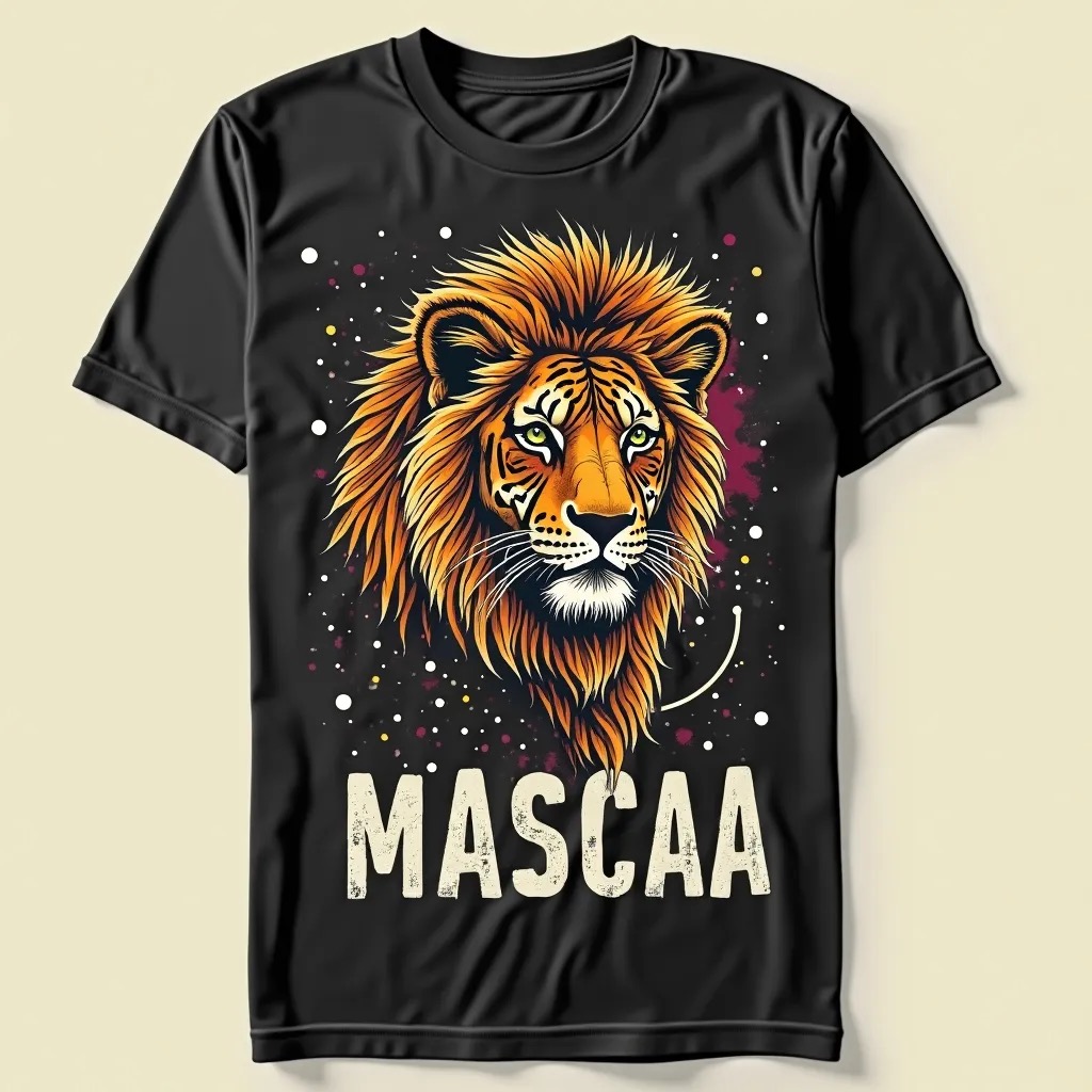 Black T-shirt with illustrated lion design. Black T-shirt with illustrated lion design.