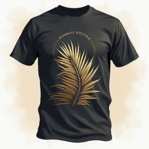 Black t-shirt with gold leaf design.