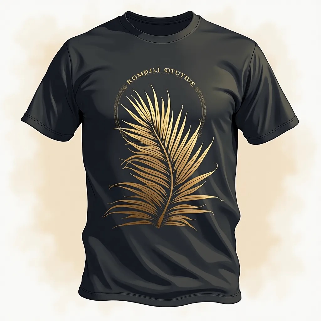 Black t-shirt with gold leaf design. Black t-shirt with gold leaf design.