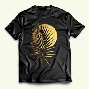 Black T-shirt with gold leaf design.