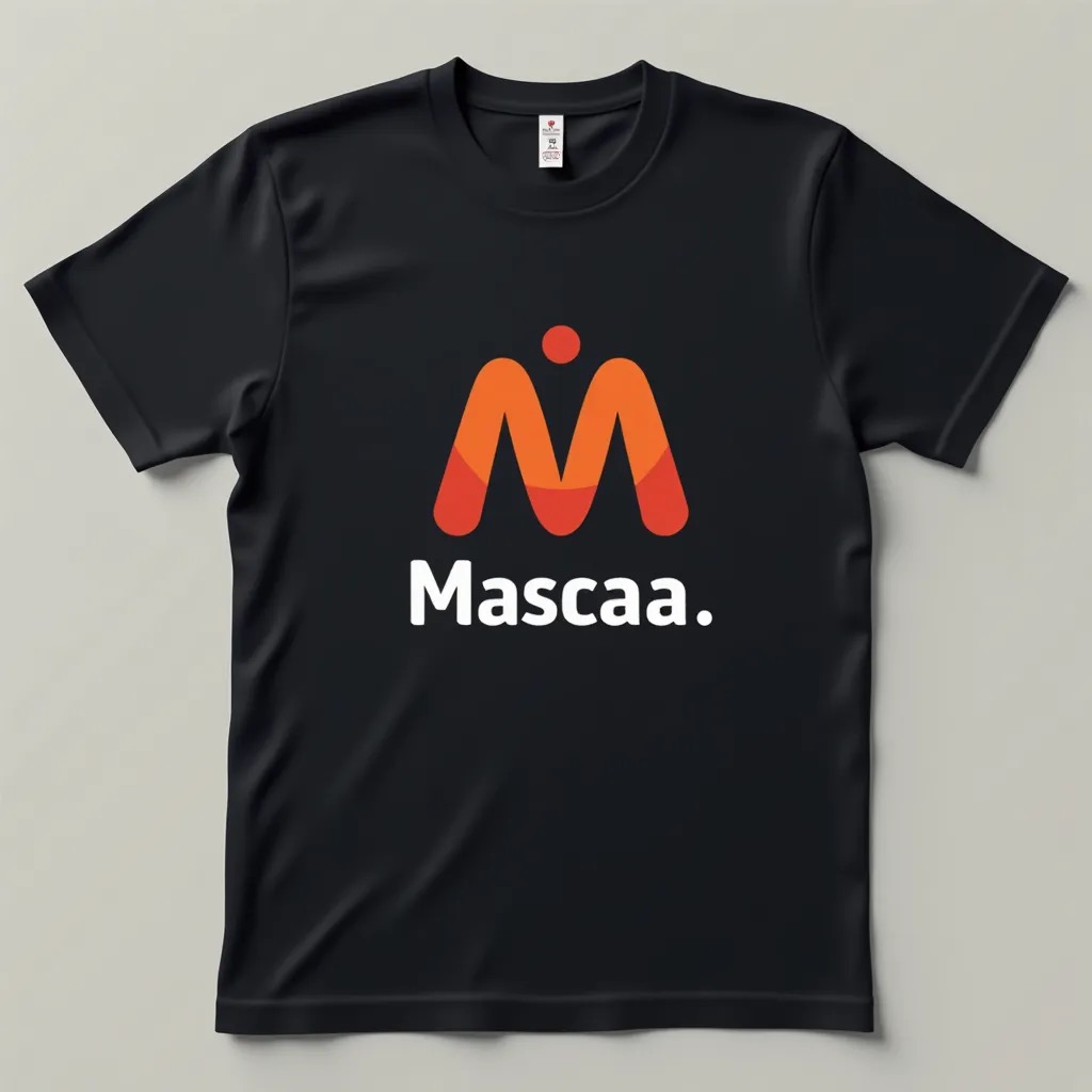 Black shirt with orange logo, "Mascaa." text. Black shirt with orange logo, "Mascaa." text.