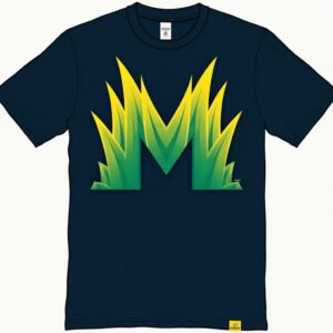 Black T-shirt with green geometric design.