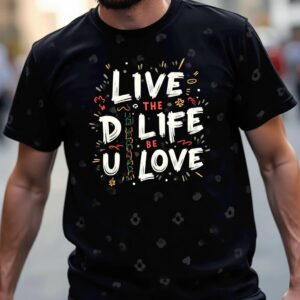 Man wearing a motivational graphic t-shirt.