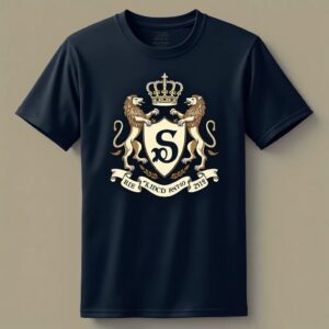 Black T-shirt with lion crest design.