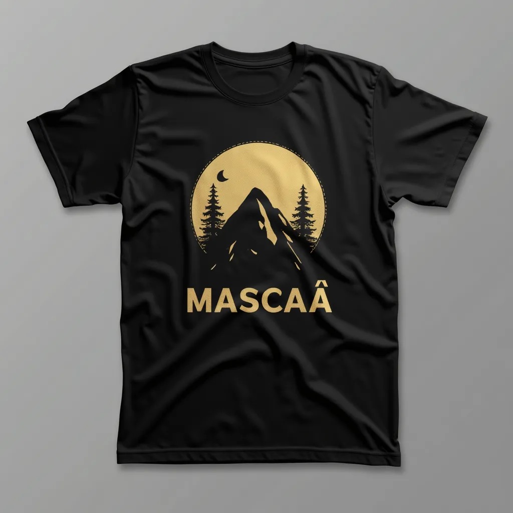 Black T-shirt with mountain design, "MASCAÂ". Black T-shirt with mountain design, "MASCAÂ".