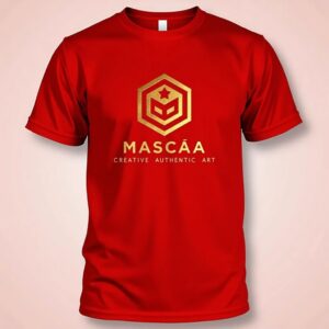 Red T-shirt with gold geometric logo.