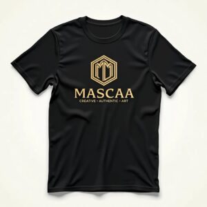 Black T-shirt with gold "MASCAA" logo.