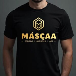 Man wearing black "MÁSÇAA" branded t-shirt.