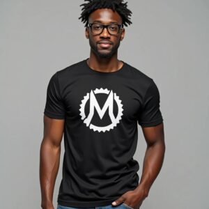 Man wearing black graphic t-shirt and glasses.