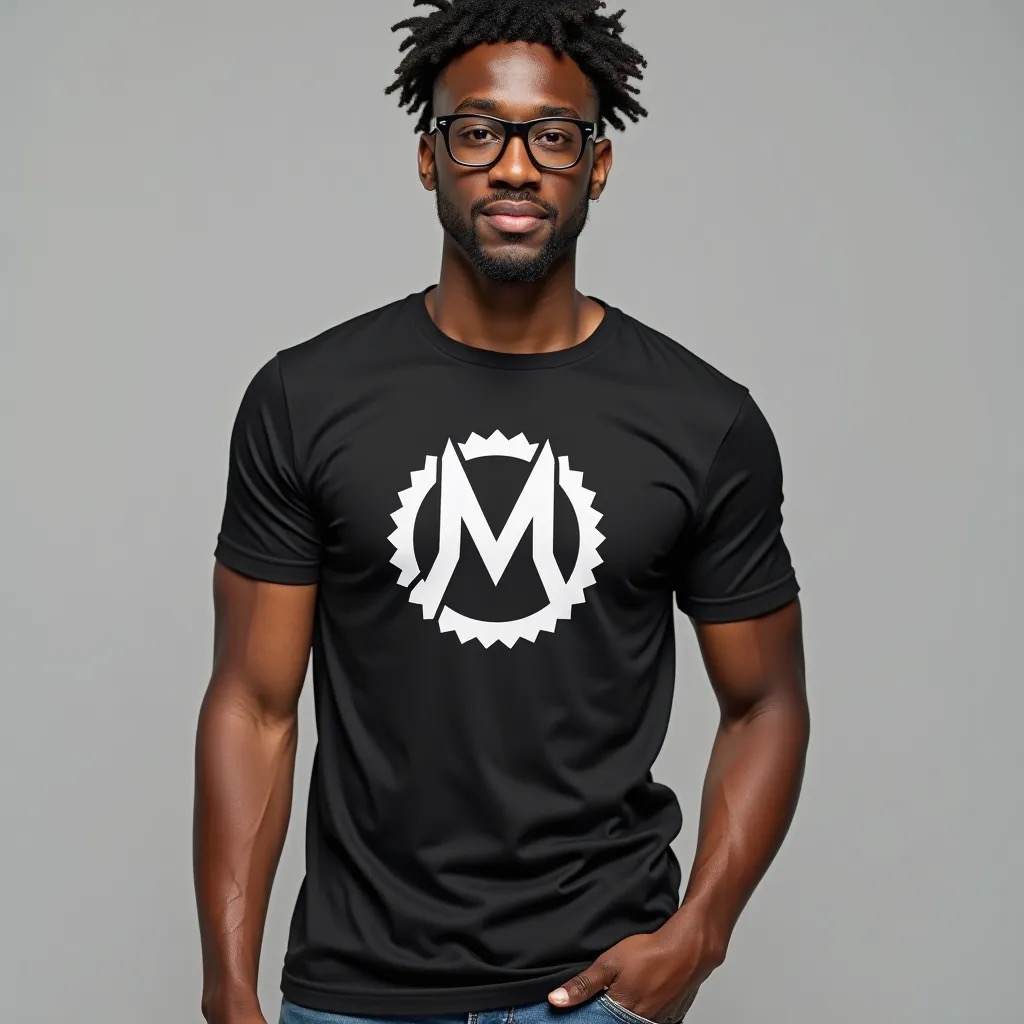 Man wearing black T-shirt with logo. Man wearing black T-shirt with logo.