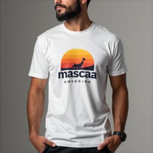 Man wearing white t-shirt with sunset logo.