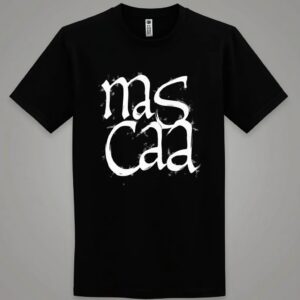 Black T-shirt with white artistic text.