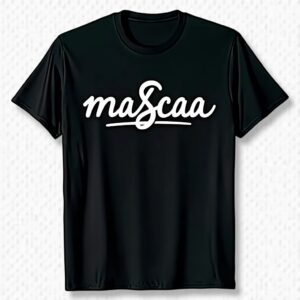 Black T-shirt with "mascaa" white text.