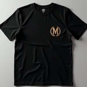 Black T-shirt with gold "M" emblem.