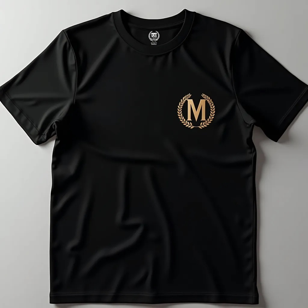 Black T-shirt with gold "M" emblem. Black T-shirt with gold "M" emblem.