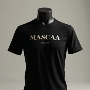 Black T-shirt with "MASCAA LUXURY" text.