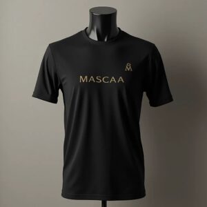 Black shirt with gold "MASCAA" text.