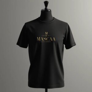 Black t-shirt on mannequin, gold text.