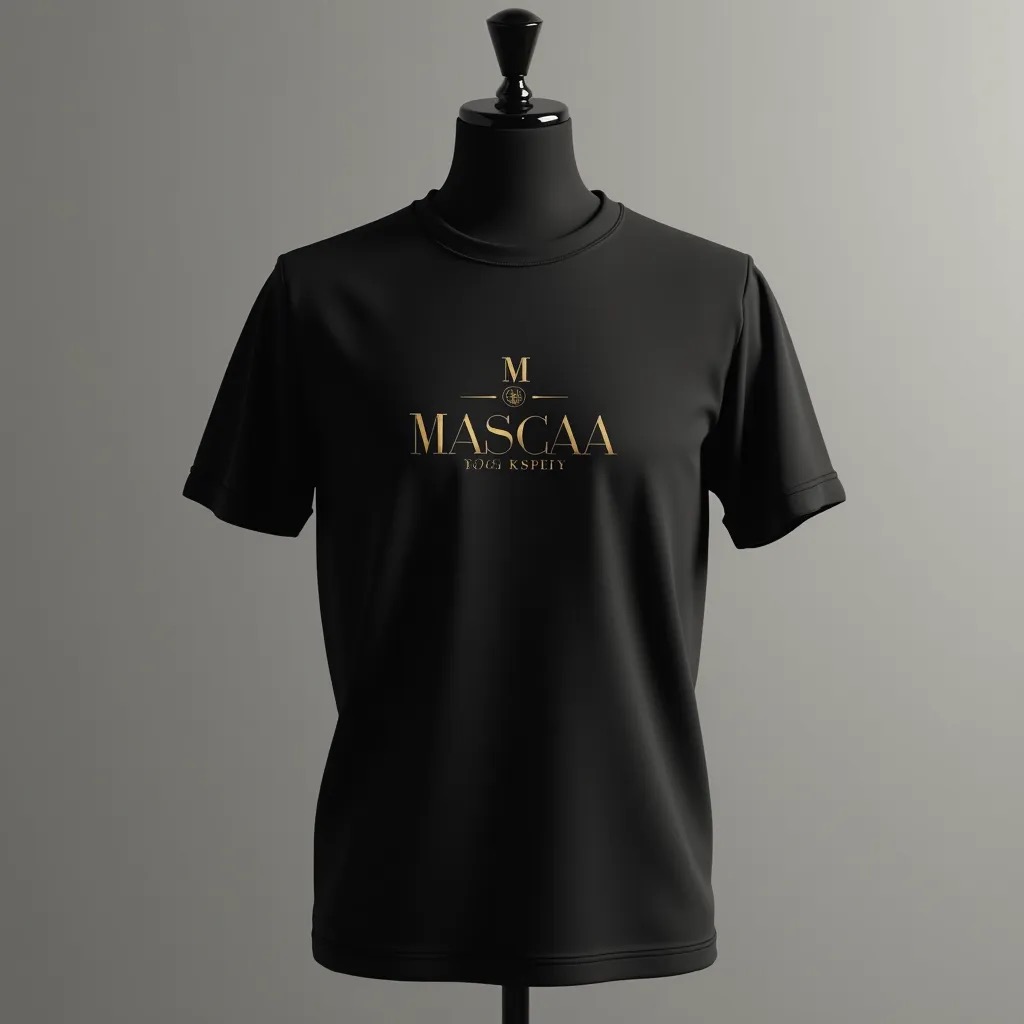 Black t-shirt on mannequin, gold text. Black t-shirt on mannequin, gold text.