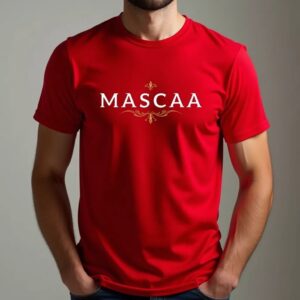 Man wearing red MASCAA logo t-shirt.