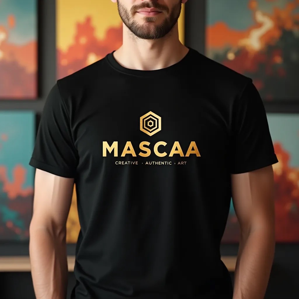 Man wearing black MASCAA t-shirt indoors. Man wearing black MASCAA t-shirt indoors.