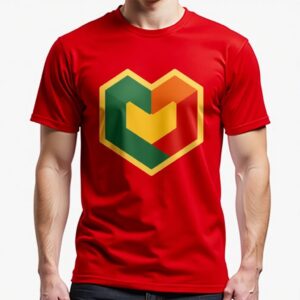 Red shirt with geometric heart design.