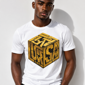 Man wearing a white graphic t-shirt.