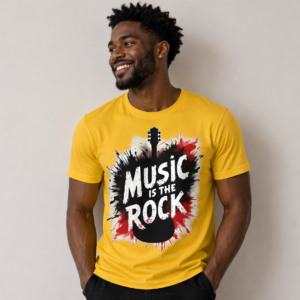 Man wearing yellow "Music Is The Rock" shirt.