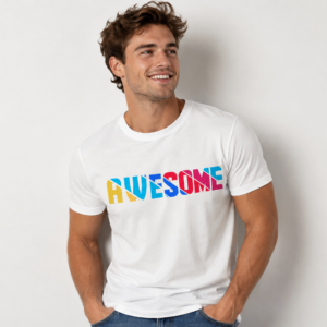 Smiling man wearing "Awesome" printed white shirt.