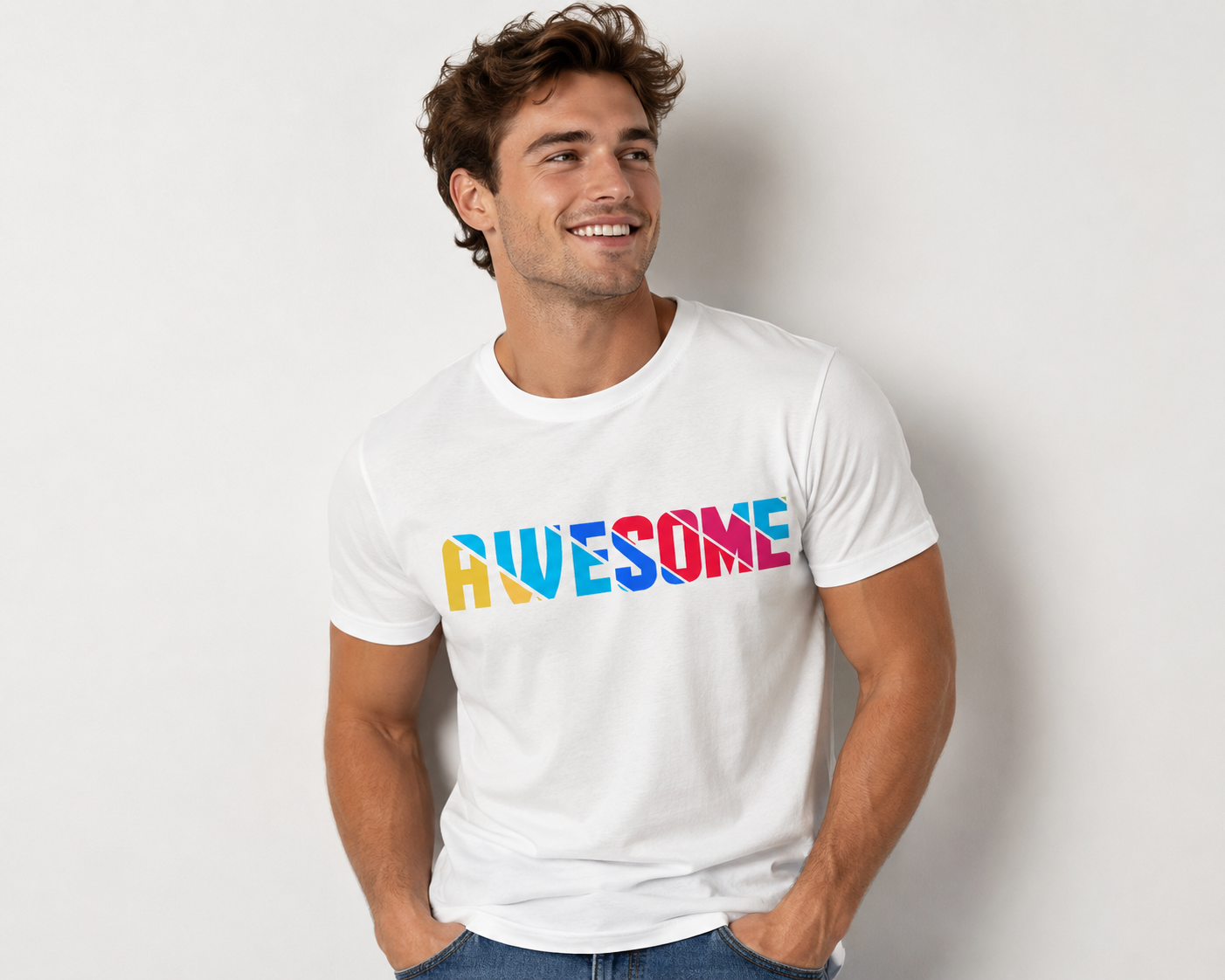 Smiling man wearing "Awesome" printed white shirt. Smiling man wearing "Awesome" printed white shirt.