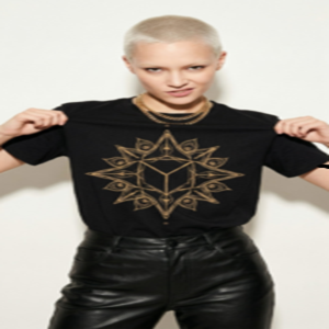 Person wearing black geometric design t-shirt.
