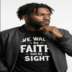 Man wearing "Faith" shirt, thoughtful expression.