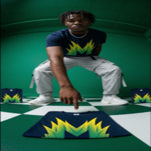 Man pointing at a graphic t-shirt display.
