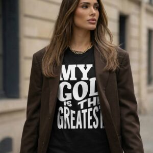Woman in brown suit walking outside building.