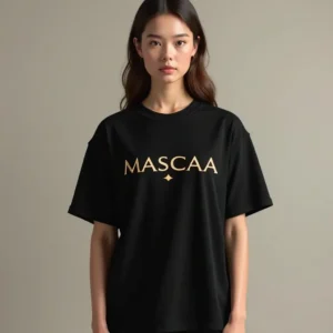 Person wearing a black "MASCAA" T-shirt.