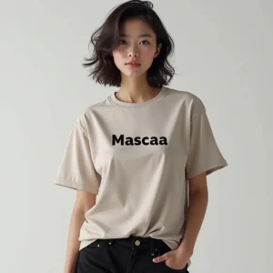 Woman wearing beige "Mascaa" t-shirt.