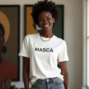 Smiling person wearing "Mascà" shirt indoors.